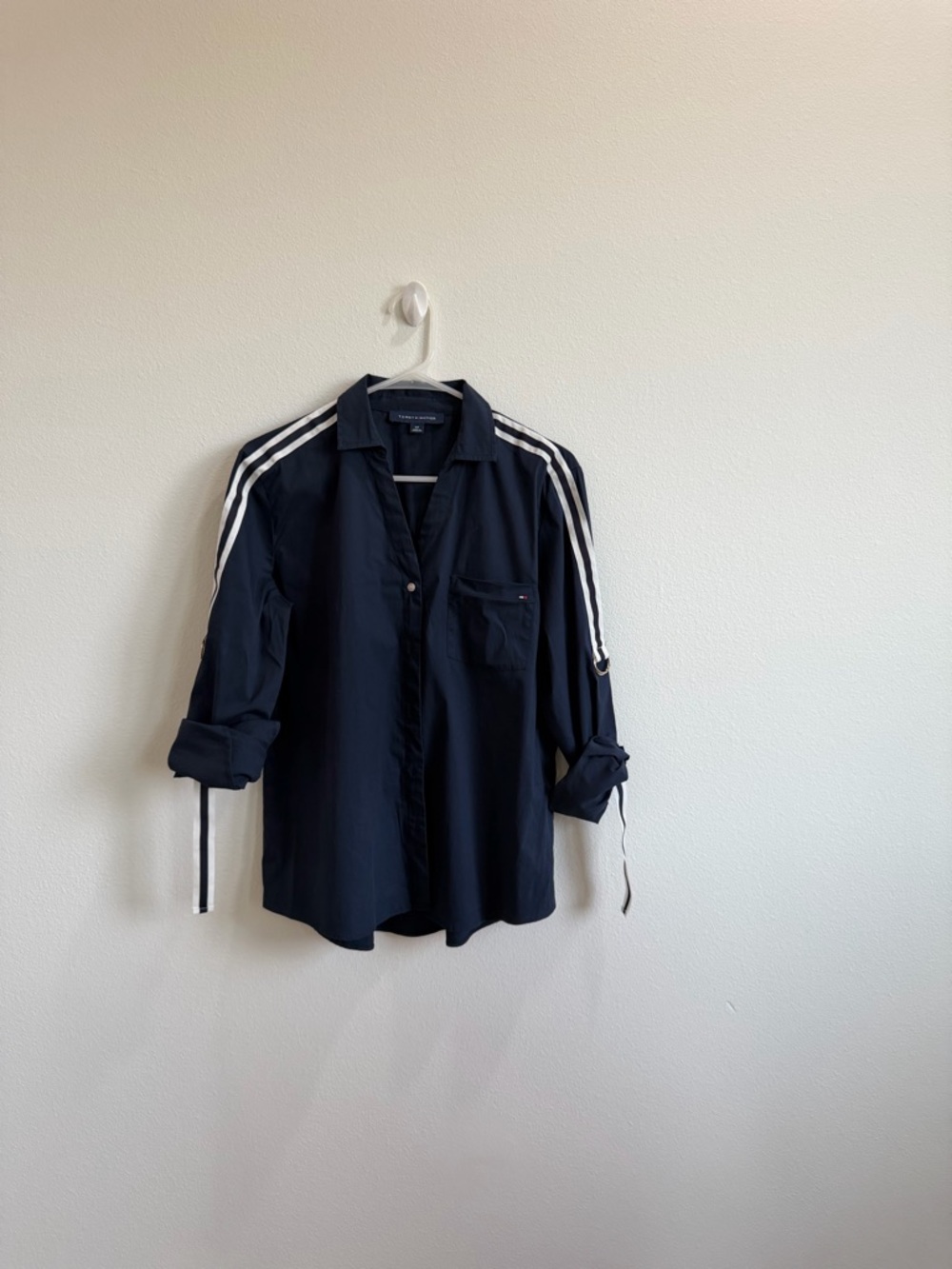 Women’s Navy Button-Up Shirt with White Shoulder Stripes size Small